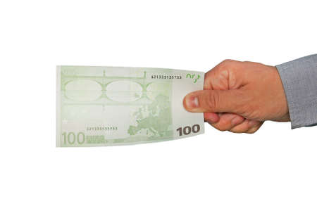 A man's hand holds a hundred euro banknotes. 100 euros. give bribes, pay bribesの写真素材