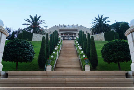 Bahai gardens and temple on the slopes of the Carmel Mountain. Haifa city, Israel. Bottom view of the main entrance to the Bahai garden. Beautiful landscape and architectural designの写真素材