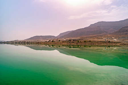 Dead Sea and mountains of Judean desert in Israel, amazing landscape. beautiful scenery bright summer day.の写真素材