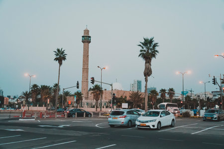 Tel aviv. Israel. October 21, 2018: Spring Tel Aviv promenade. Arab mosque and minaret against a blue sky in the eveningのeditorial素材