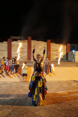 Annual festival of Medieval cultures of Europe. The procession of the column in the carnival historical costumes of the city at night. Cyprus, Ayia NAPA. 19 October 2018のeditorial素材