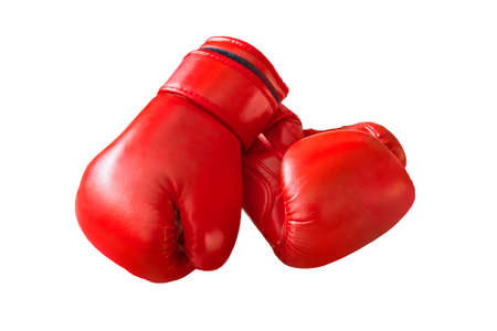 Pair of red leather boxing gloves isolated on whiteの写真素材