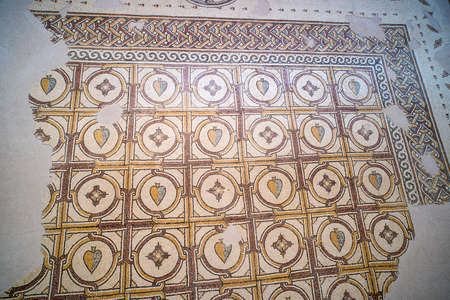 Ancient byzantine natural stone tile mosaics with with geometric patterns, Mount Nebo, Jordan, Middle Eastの写真素材