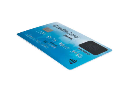 Front view of blue credit card with biometric sensor on white background. Biometrics in banking. Payment card with biometric technology. Using fingerprint to pay by card. New system in of paymentの写真素材