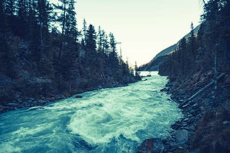 Gloomy mountain landscape with river on opposite bank. Stony bank of river. Dark green color of water. Eerie atmosphere in overcast rainy weather in cinematic faded tones. Horror style.の写真素材