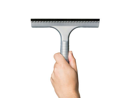 Front view of male hand holding wiper vertically on white background. Grey squeegee in man's hand...