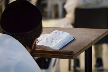 A religious man sitting and reading a torah at the Wailing Wall. Reading holy book of judaism at the western wall in Jerusalem old city. Head of the true believer in the background of the open bookの素材 [FY310120338891]