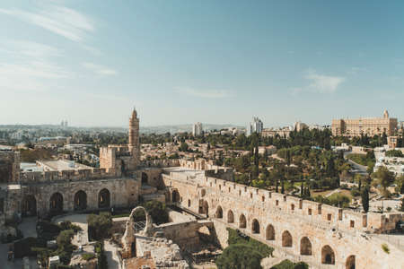Tower of David or Jerusalem Citadel. Jerusalem, Israel. Courtyard, behind a high stone wall. Sightseeing in the Old town of Irusalim.の写真素材