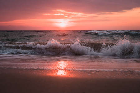 reflection of sunlight in water and sand on the beach. orange mystic sunset of sea of japan. Tide at dawn. waves beat the sea foam on the sand on the beachの写真素材
