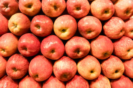 Red apples background. ripe fruits neatly laid out on the counter in the storeの写真素材