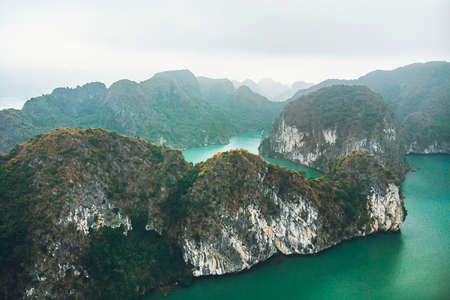 Top view of Halong Bay Vietnam. Beautiful seascape with rocks and sea. Exotic nature of Southeast Asiaの写真素材