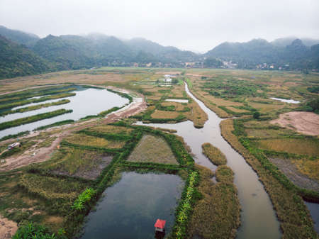 Top view of the wetlands of the island of Cat BA near the sea on land. Morning gloomy landscape of the countryside of Vietnam.の写真素材