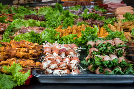 SAPA, VIETNAM: Barbecue meat - The several animal meat ingredient of famous Vietnamese food the barbecue resturant in Sapa district Vietnamの写真素材