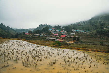 beautiful landscape views of rice terraces during the winter off season with muddy water in the fields.の写真素材