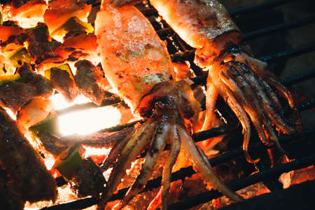 Squid on the grill close-up roasting on an open fire. Grilled seafood and vegetables.の写真素材
