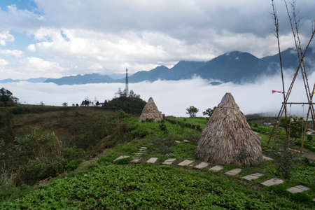 Straw house in hmong village Sapa, Vietnam. Yurt of straw. Traditional village. Ancient culture.の写真素材