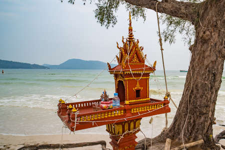 Altar on island and amazing view of the blue sea, Religious construction. the house of the spiritsの写真素材
