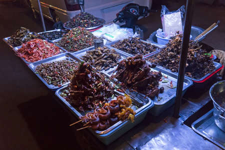 Fried bugs, insects, snakes and worms at street food market. exotic food Asian cuisineの写真素材