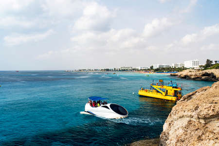 Pleasure boats on the Mediterranean sea. View of lagoon near Cape Greko of Ayia Napa and Protaras on...