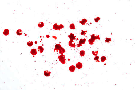 dripping red blood splash, Horror and emergency concept, Isolated on white background. Many drops of red blood on the white floorの写真素材
