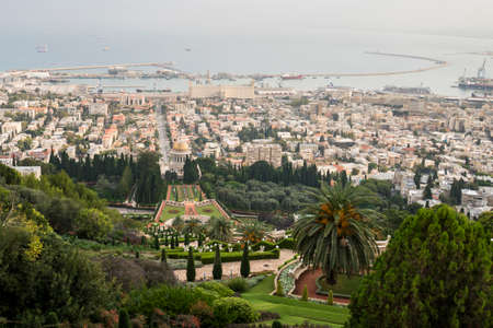 Bah i Holy Places in Haifa and the Western Galilee - Israel, panoramic view from the upper terrace of city, the temple and bay of Haifa. Terraces of the Shrine of the Bab and view of city port.の写真素材