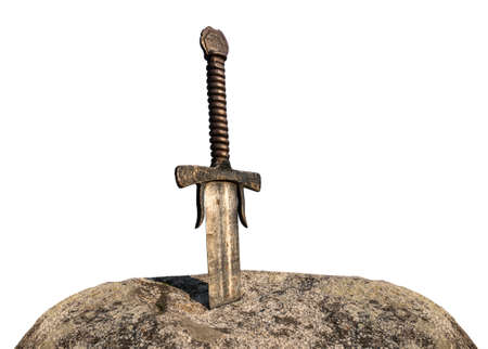 Excalibur, King Arthur's sword in the stone isolated on white background. Edged weapons from the legend Pro king Arthur.の写真素材