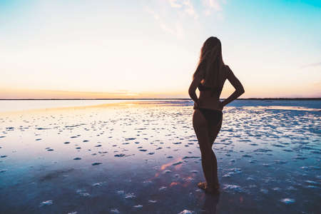 Silhouette of a slender girl stands on the shore of the salt lake. Young sexy woman admiring the...