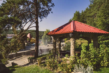 gazebo for summer holidays in the forest in the resort town of Belokurikha Altai Krai.の写真素材
