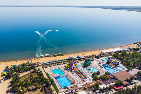 View from the top of the city resort by the salt lake. Aerial view of the city and the lake called yarovoyeの写真素材