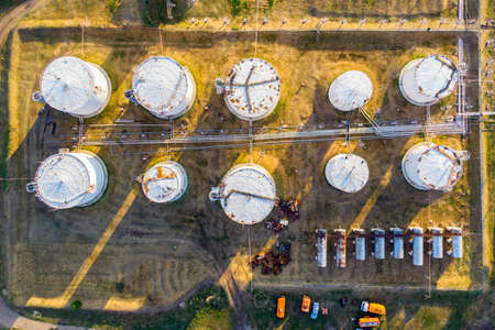 Liquid chemical tank terminal, Storage of liquid chemical and petrochemical products tank, The tank with petrol white color top view. Aerial viewの写真素材