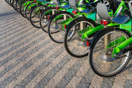 Many black and green bicycles in a row. Trends in bicycle-making industry. Group of cycles. Bike stand on a parking for rent. Eco friendly transportation concept. City eco-friendly transportationの写真素材