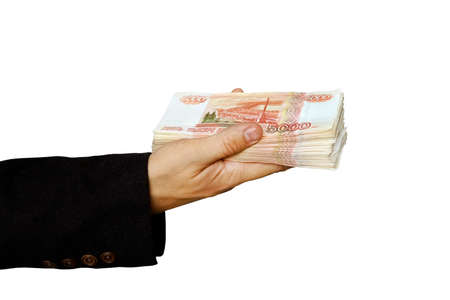 Russian banknote 5000 rubles in men hand isolated on white background.の写真素材