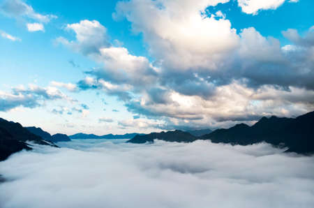 Beautiful landscape on the mountain above clouds, Vietnam most view for travel checking on mountainの写真素材