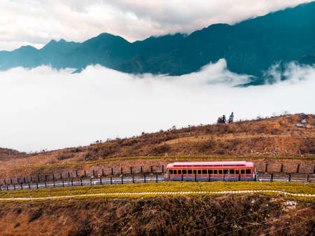 Tourist tram at Sapa City to Fansipan mountain, Fansipan tram, Sapa, Lao Cai, Vietnam. Red train car...