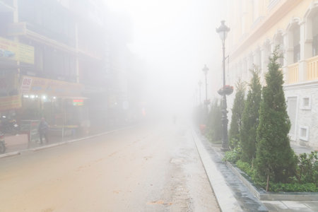 Beautiful city view sapa city with fog in morning, sapa, vietnamのeditorial素材
