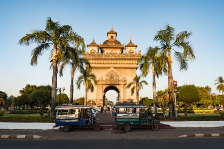 Patuxay Vientiane Laos, Sunrise in morning at at Patuxai.のeditorial素材