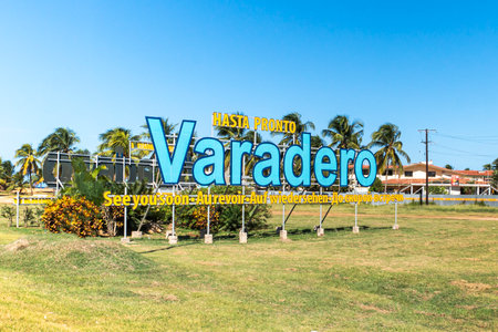 Varadero, Cuba. December 1, 2019: Panoramic view of grand blue and yellow inscription Varadero at the entrance to the city at summer sunny dayのeditorial素材