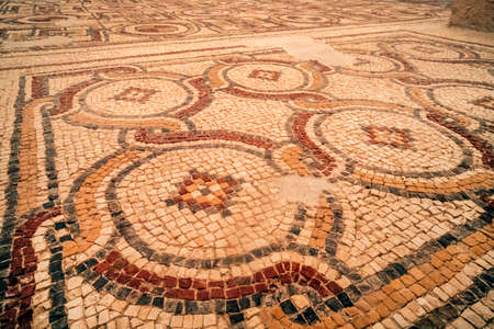 Ancient byzantine natural stone tile mosaics with with geometric patterns, Mount Nebo, Jordan,...