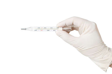 Hand with thermometer isolated on white background. checking your body temperature.の写真素材