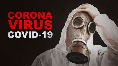 man in protective suit and gas mask on black background. concept of protection from viruses. Inscription Coronavirus. Concept Of Air Pollution, Pneumonia Outbreak, Epidemic, Biohazard Virus Infection.の写真素材