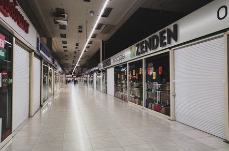 many closed boutiques in shopping Mall during the global quarantine due to coronavirus pandemic. April 23, 2019. Barnaul Russiaのeditorial素材