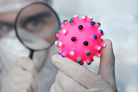 Coronavirus Covid-19 with magnifying glass concept. Concept study of a new coronavirus. Search for solution.の写真素材