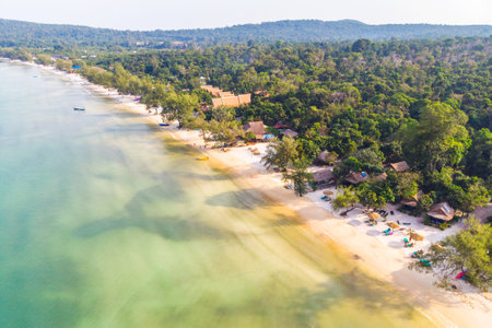 Coast of island Koh Rong Samloem, Cambodia. Long deserted beach with white sand and clear water. Aerial top view from above.のeditorial素材