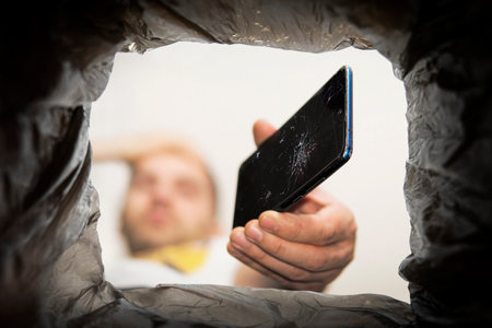 Young man throwing smartphone in litter bin outdoors. Recycling a broken smartphone.の写真素材
