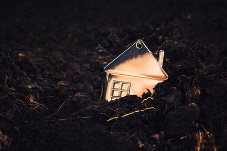 Little toy metallic house shines in the sunlight being half in soil. Concept of investments into property. Miniature house fallen into the earth as a symbol of mortgage debt or loss of home. Loanの写真素材