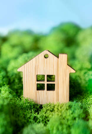 A small toy house on a background of plants as a symbol of a private country house. The concept of real estate in mortgages.の写真素材