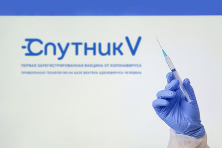 Coronavirus Vaccine - New Russian vaccine against Coronavirus Sars-Cov-2. January 18, 2021, Barnaul, Russia.のeditorial素材