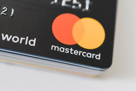 Mastercard on black cards. 20 February 2021, Barnaul, Russiaのeditorial素材