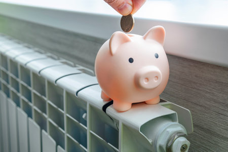 The concept of paying for heating in homes with a cold climate. piggy bank pig on a white metal radiator. The concept of saving on utilitiesの写真素材