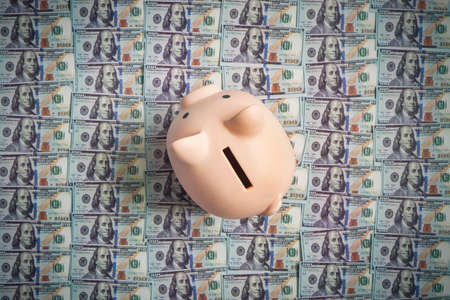 Pig piggy bank on background of 100 US dollar bills. Concept of wealth and exchange. top viewの写真素材